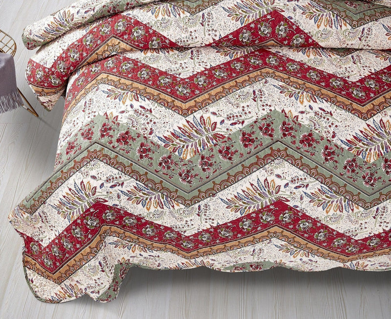 DaDa Bedding Rustic Bohemian Cranberry Sage Chevron Floral Bedspread Set (JHW-924) - DaDa Bedding Collection