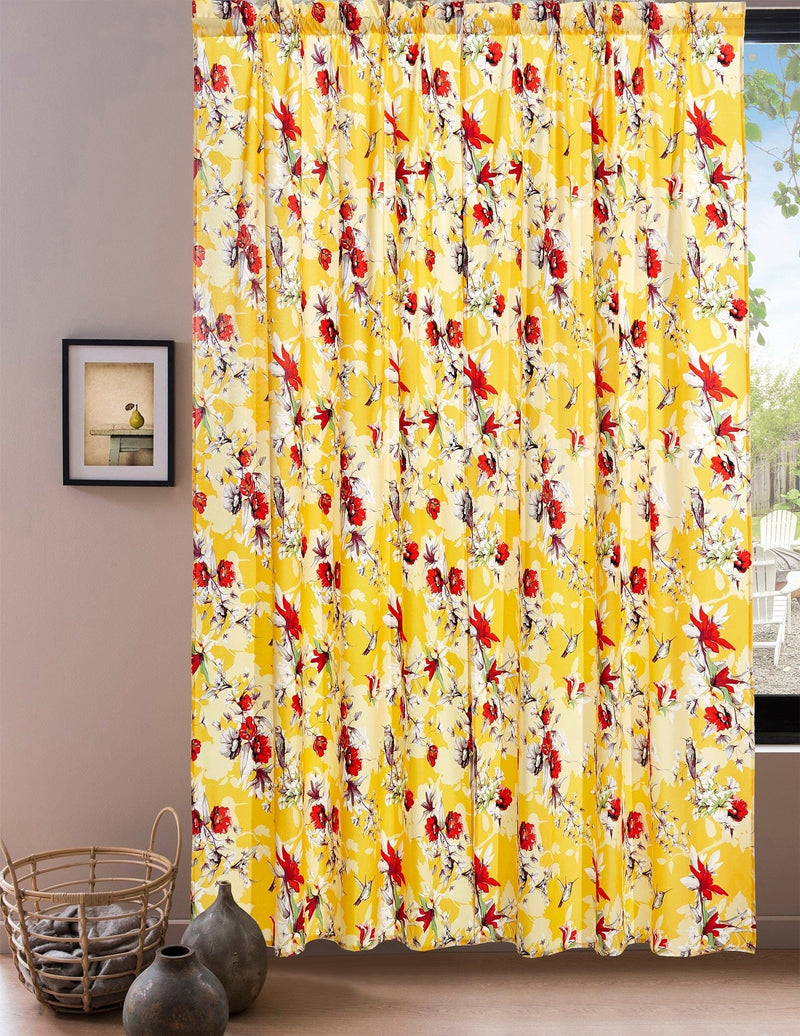 DaDa Bedding Set of 2 Radiant Sunshine Yellow Floral Window Curtain Panels - Natural Semi Sheer Hummingbirds Farmhouse Red Flowers Straight Tailored Edge - DaDa Bedding Collection