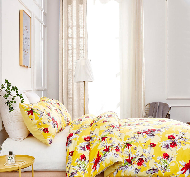 DaDa Bedding Sunshine Yellow Hummingbirds Floral Duvet Cover & Fitted Flat Bed Sheets Set w/ Pillow Cases Window Valances (925) - DaDa Bedding Collection
