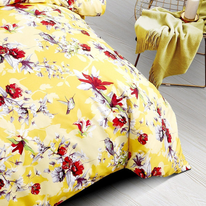 DaDa Bedding Sunshine Yellow Hummingbirds Floral Duvet Cover & Fitted Flat Bed Sheets Set w/ Pillow Cases Window Valances (925) - DaDa Bedding Collection