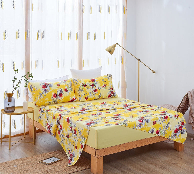 DaDa Bedding Sunshine Yellow Hummingbirds Floral Fitted & Flat Bed Sheets Set (JHW-925)