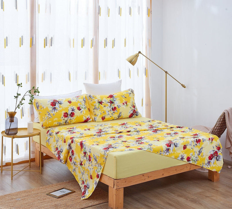 DaDa Bedding Sunshine Yellow Hummingbirds Floral Duvet Cover & Fitted Flat Bed Sheets Set w/ Pillow Cases Window Valances (925) - DaDa Bedding Collection