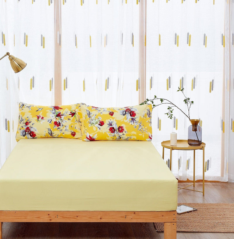 DaDa Bedding Sunshine Yellow Hummingbirds Floral Duvet Cover & Fitted Flat Bed Sheets Set w/ Pillow Cases Window Valances (925) - DaDa Bedding Collection