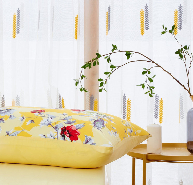 DaDa Bedding Sunshine Yellow Hummingbirds Floral Duvet Cover & Fitted Flat Bed Sheets Set w/ Pillow Cases Window Valances (925) - DaDa Bedding Collection