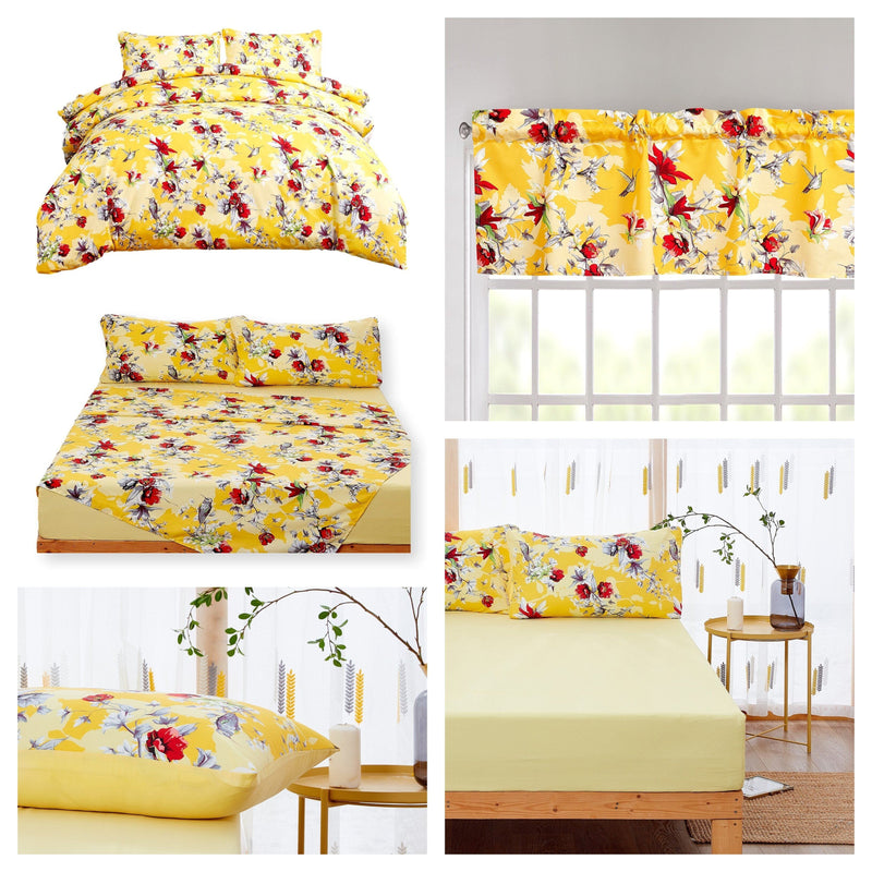 DaDa Bedding Sunshine Yellow Hummingbirds Floral Duvet Cover & Fitted Flat Bed Sheets Set w/ Pillow Cases Window Valances (925) - DaDa Bedding Collection