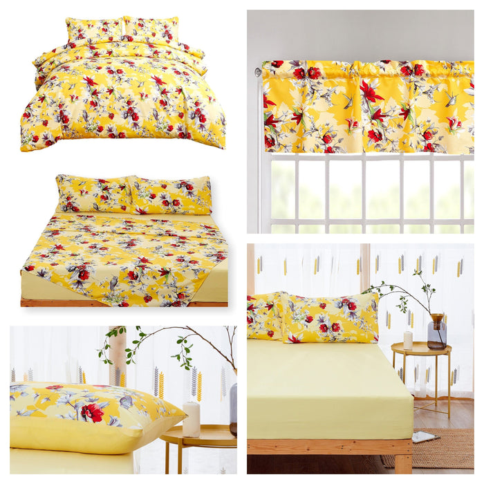 DaDa Bedding Sunshine Yellow Hummingbirds Floral Duvet Cover & Fitted Flat Bed Sheets Set w/ Pillow Cases Window Valances (925)