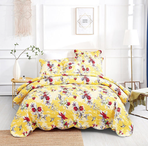 Bedspread - DaDa Bedding Radiant Sunshine Yellow Hummingbirds Floral Scalloped Bedspread Set (JHW-925) - DaDa Bedding Collection