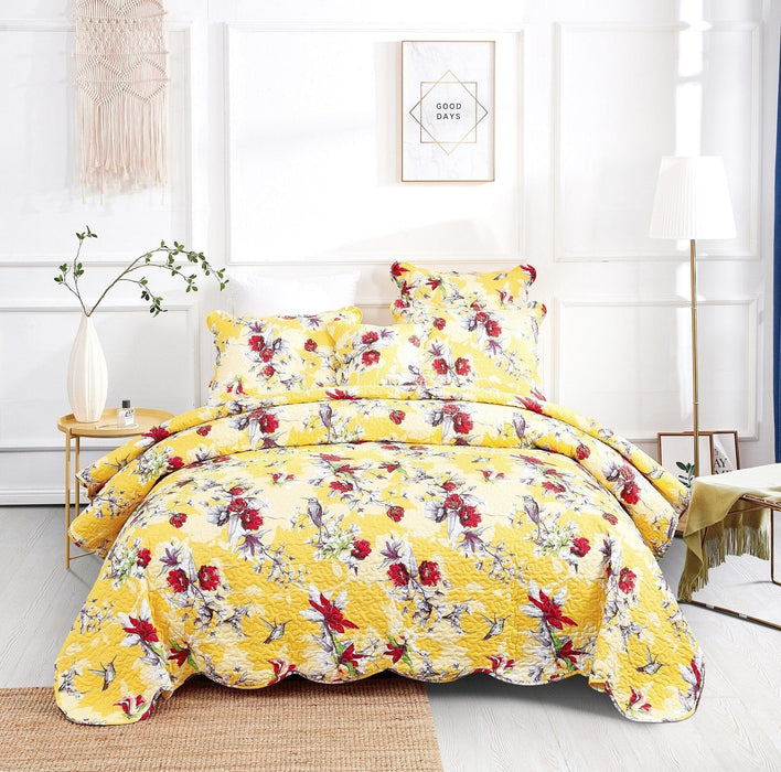 Bedspread - DaDa Bedding Radiant Sunshine Yellow Hummingbirds Floral Scalloped Bedspread Set (JHW-925) - DaDa Bedding Collection