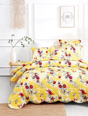 DaDa Bedding Radiant Sunshine Yellow Hummingbirds Floral Scalloped Bedspread Set (JHW-925) - DaDa Bedding Collection