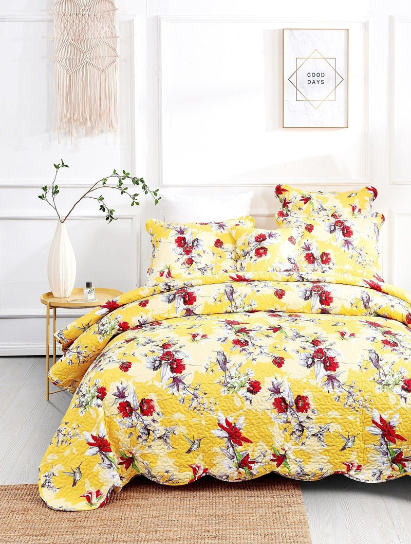 DaDa Bedding Radiant Sunshine Yellow Hummingbirds Floral Scalloped Bedspread Set (JHW-925) - DaDa Bedding Collection