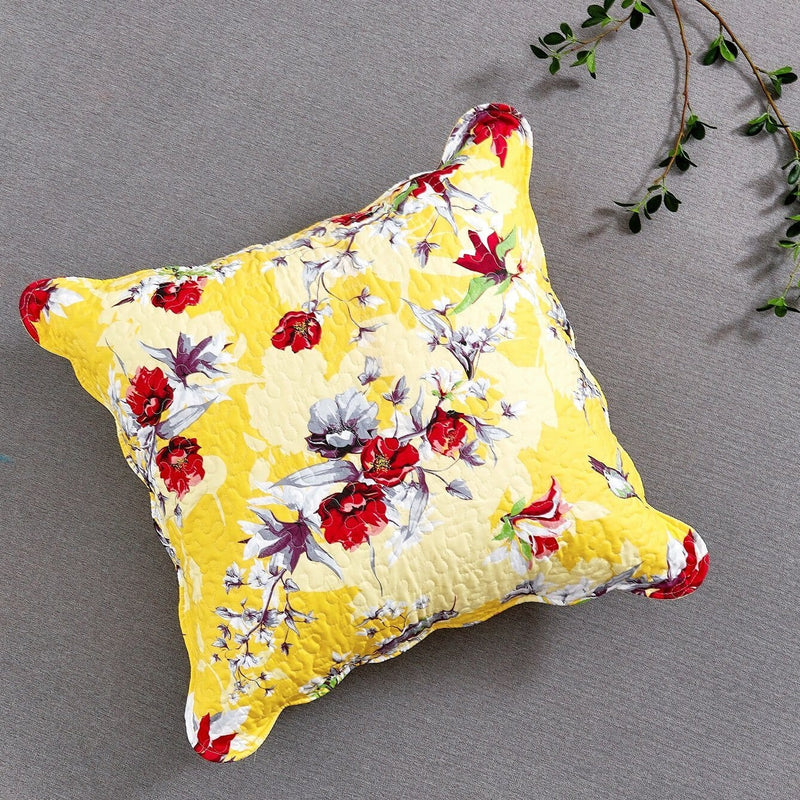 DaDa Bedding Sunshine Yellow Hummingbirds Floral Scalloped Euro Pillow Sham Cover, 26" x 26" (JHW925) - DaDa Bedding Collection