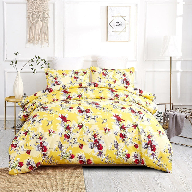 DaDa Bedding Sunshine Yellow Hummingbirds Floral Duvet Cover Set w/ Pillow Cases (JHW-925) - DaDa Bedding Collection