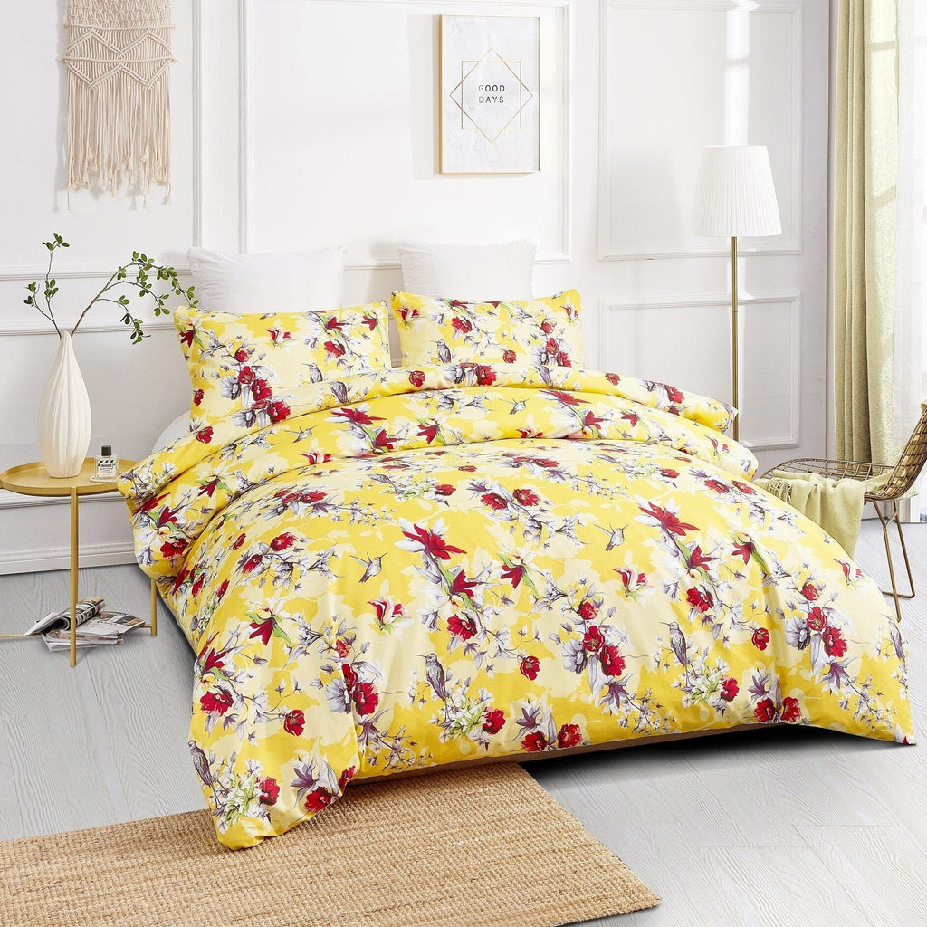 DaDa Bedding Sunshine Yellow Hummingbirds Floral Duvet Cover Set w/ Pillow Cases (JHW-925) - DaDa Bedding Collection