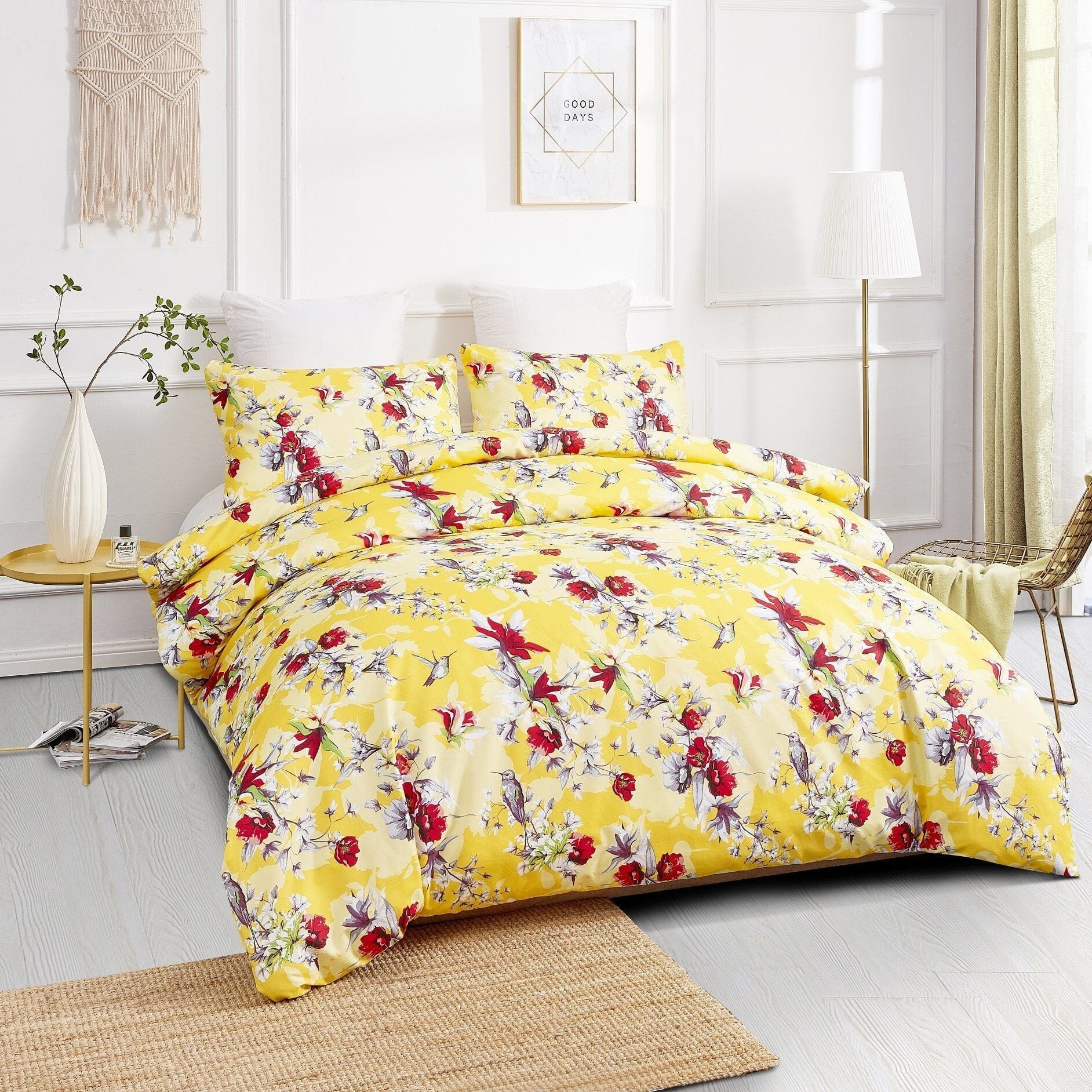 DaDa Bedding Sunshine Yellow Hummingbirds Floral Duvet Cover Set w/ Pillow Cases (JHW-925) - DaDa Bedding Collection