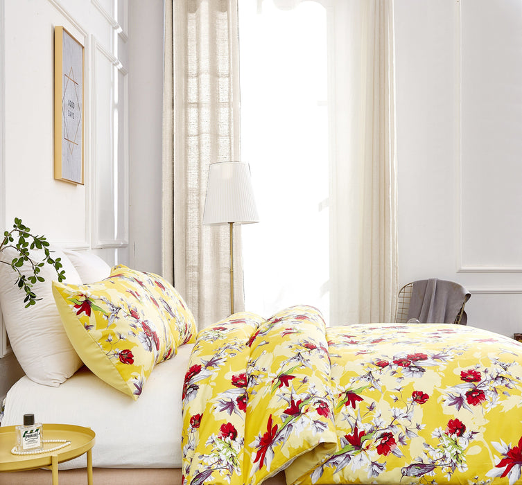 DUVET COVER - DaDa Bedding Sunshine Yellow Hummingbirds Floral Duvet Cover Set w/ Pillow Cases (JHW-925) - DaDa Bedding Collection