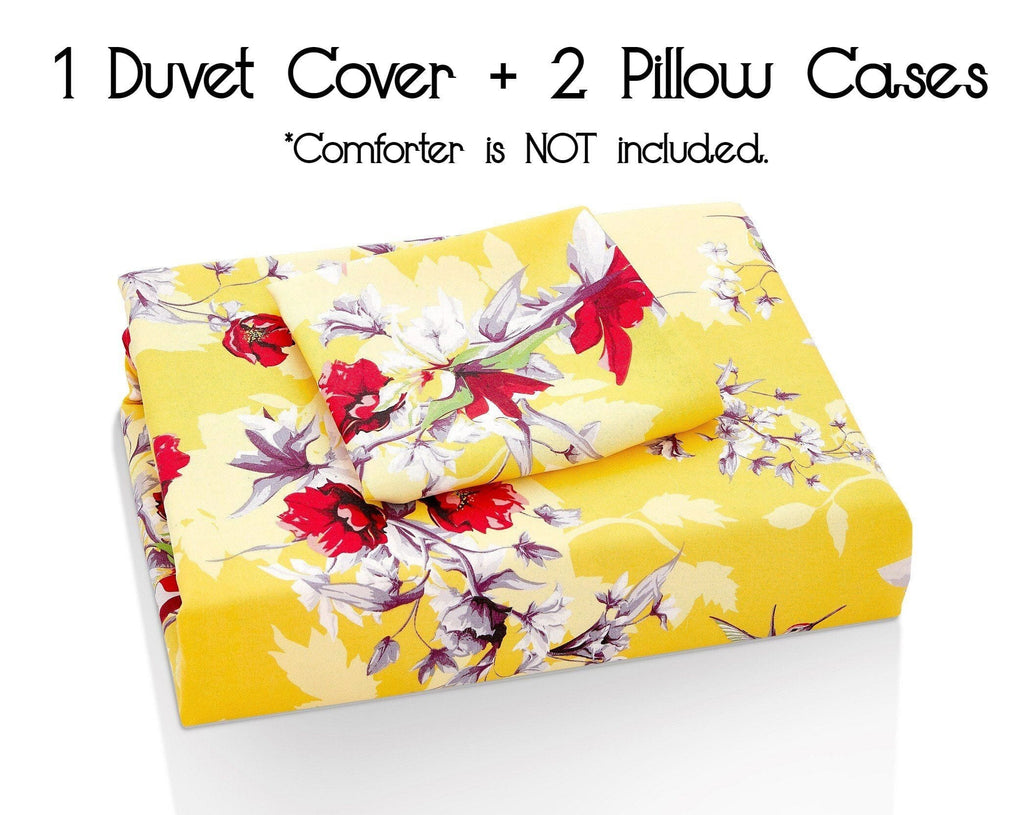 DaDa Bedding Sunshine Yellow Hummingbirds Floral Duvet Cover Set w/ Pillow Cases (JHW-925) - DaDa Bedding Collection