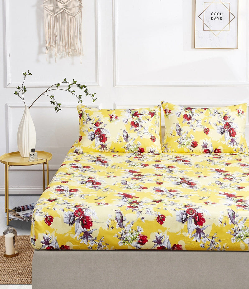 DaDa Bedding Sunshine Yellow Hummingbirds Floral Fitted Bed Sheet w/ Pillow Cases (JHW-925) - DaDa Bedding Collection