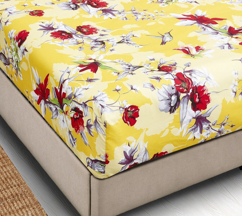 DaDa Bedding Sunshine Yellow Hummingbirds Floral Fitted Bed Sheet w/ Pillow Cases (JHW-925) - DaDa Bedding Collection