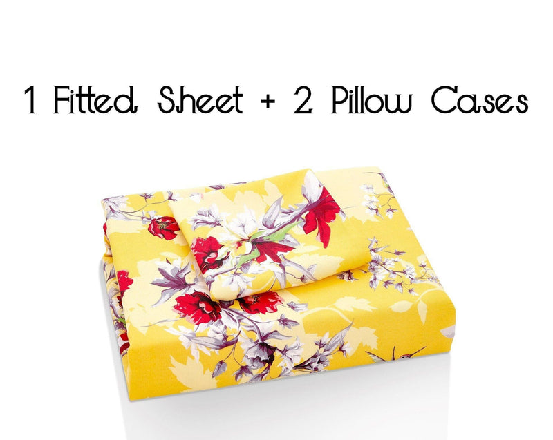 DaDa Bedding Sunshine Yellow Hummingbirds Floral Fitted Bed Sheet w/ Pillow Cases (JHW-925) - DaDa Bedding Collection