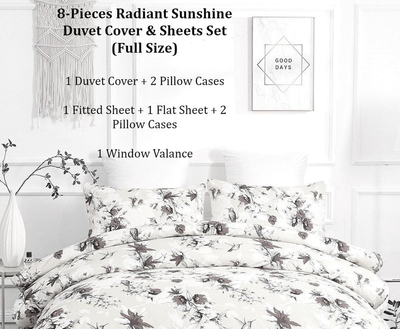 DaDa Bedding Sunshine Yellow Hummingbirds Floral Duvet Cover & Fitted Flat Bed Sheets Set w/ Pillow Cases Window Valances (925) - DaDa Bedding Collection