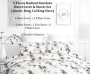 DaDa Bedding Sunshine Yellow Hummingbirds Floral Duvet Cover & Fitted Flat Bed Sheets Set w/ Pillow Cases Window Valances (925) - DaDa Bedding Collection