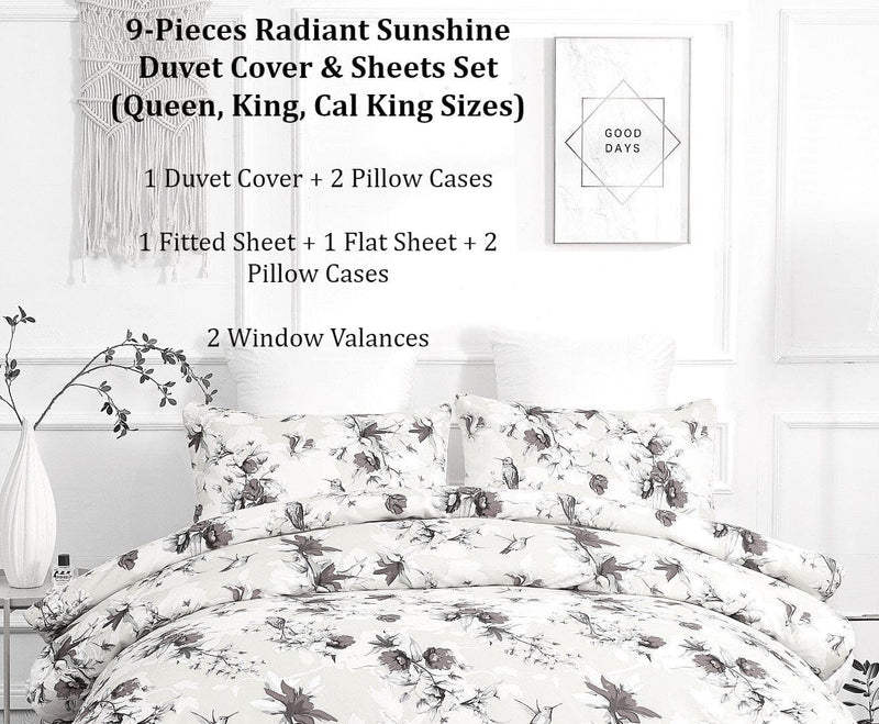 DaDa Bedding Sunshine Yellow Hummingbirds Floral Duvet Cover & Fitted Flat Bed Sheets Set w/ Pillow Cases Window Valances (925) - DaDa Bedding Collection