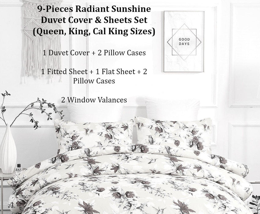 DaDa Bedding Sunshine Yellow Hummingbirds Floral Duvet Cover & Fitted Flat Bed Sheets Set w/ Pillow Cases Window Valances (925)