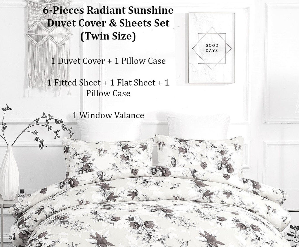 DaDa Bedding Sunshine Yellow Hummingbirds Floral Duvet Cover & Fitted Flat Bed Sheets Set w/ Pillow Cases Window Valances (925) - DaDa Bedding Collection