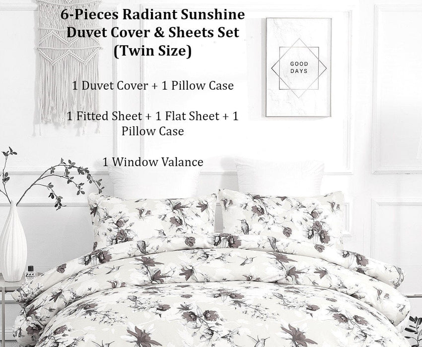 DaDa Bedding Sunshine Yellow Hummingbirds Floral Duvet Cover & Fitted Flat Bed Sheets Set w/ Pillow Cases Window Valances (925)