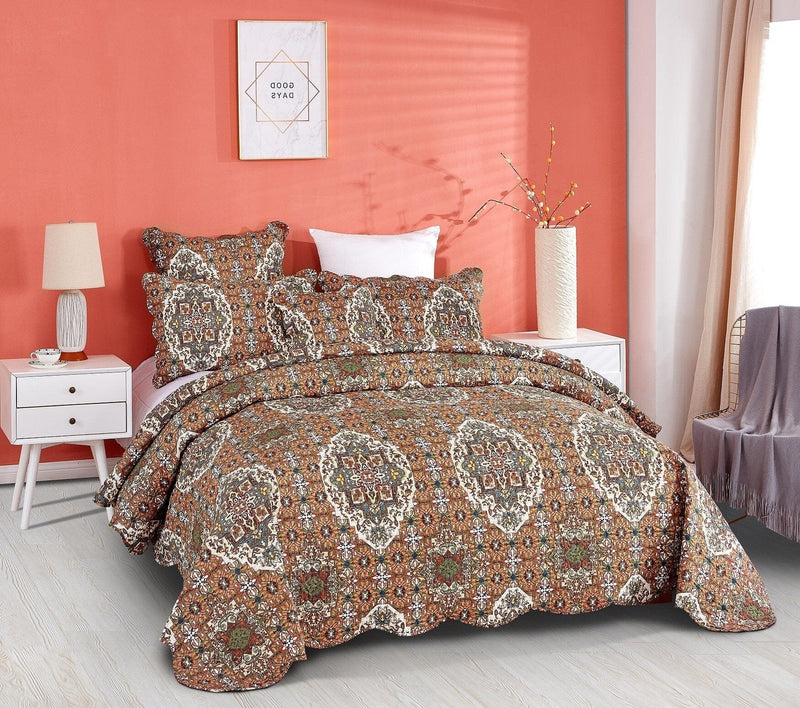 DaDa Bedding Rustic Earthy Cross Motif Folk Ogee Moroccan Scalloped Quilted Bedspread Set (JHW-944) - DaDa Bedding Collection