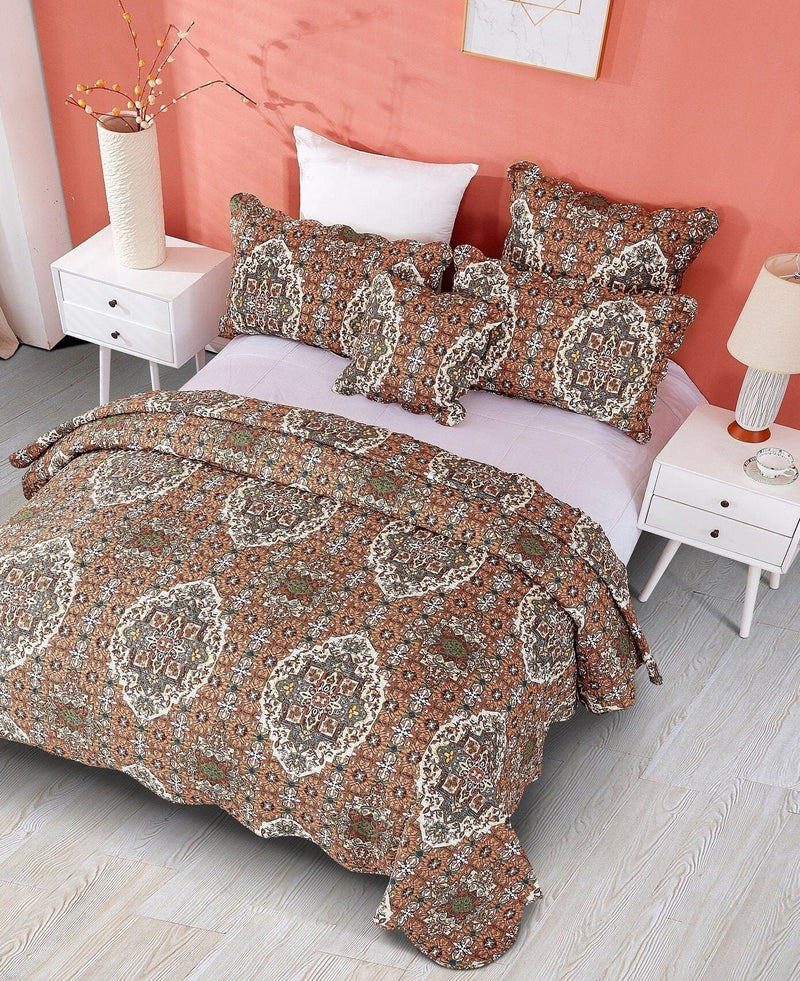 DaDa Bedding Rustic Earthy Cross Motif Folk Ogee Moroccan Scalloped Quilted Bedspread Set (JHW-944) - DaDa Bedding Collection