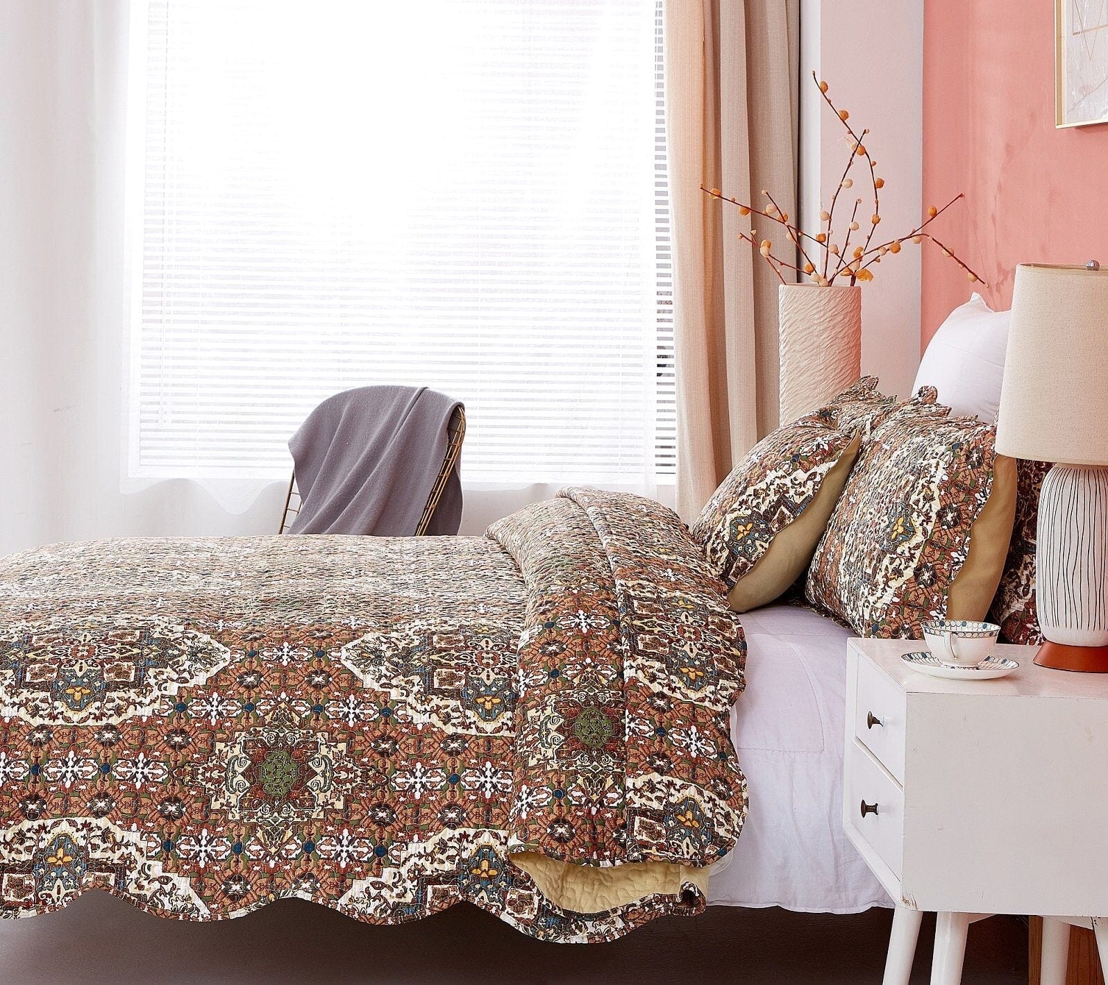DaDa Bedding Rustic Earthy Cross Motif Folk Ogee Moroccan Scalloped Quilted Bedspread Set (JHW-944) - DaDa Bedding Collection