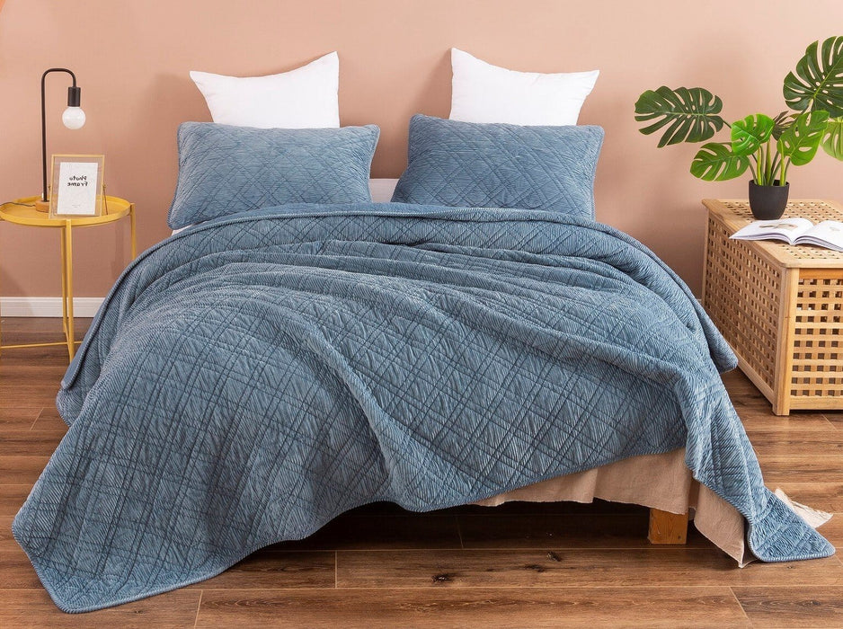 DaDalogy Bedding Slate Blue Grey Velour Corduroy Coverlet Bedspread Set - Queen Size (JHW-952)