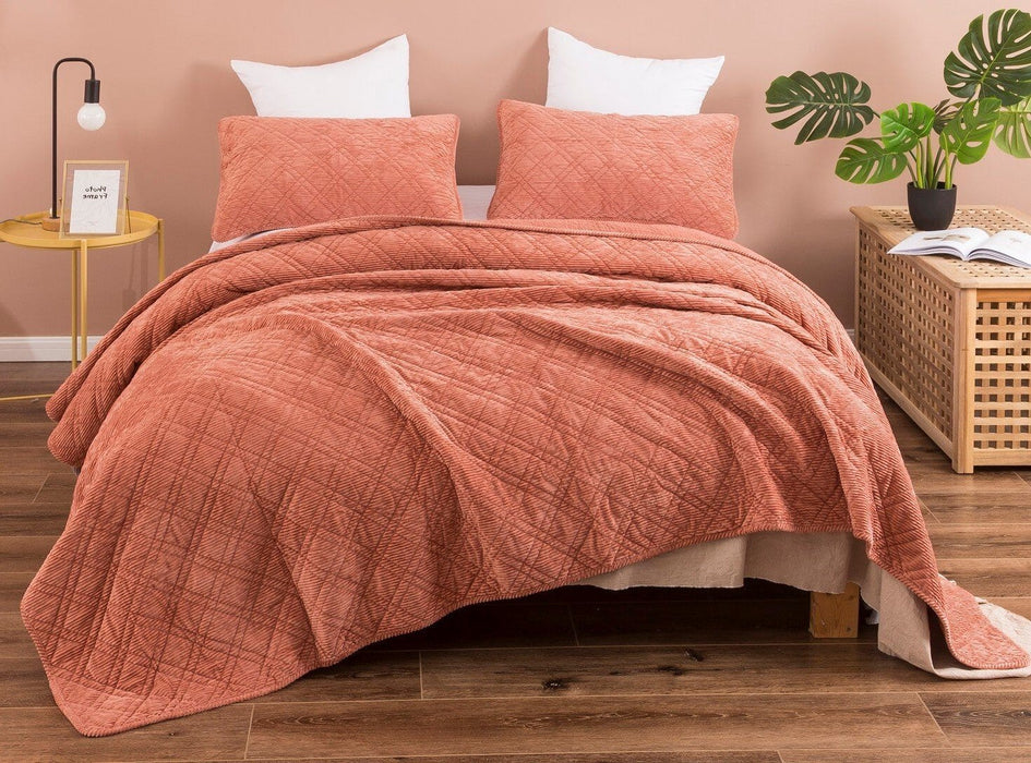 DaDalogy Bedding Terracotta Coral Brick Orange Soft Velour Corduroy Bedspread Set (JHW952)