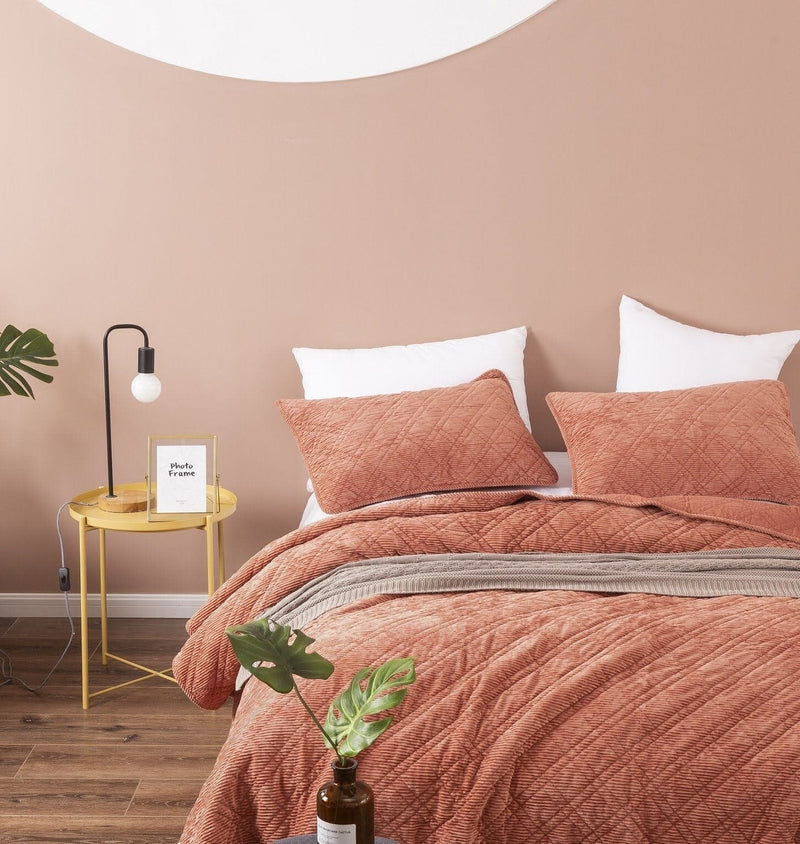 DaDalogy Bedding Terracotta Coral Brick Orange Soft Velour Corduroy Bedspread Set (JHW952) - DaDa Bedding Collection