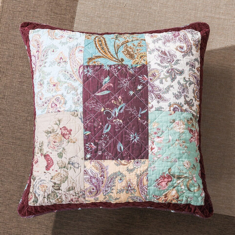 DaDa Bedding Patchwork Burgundy Red Velvet Floral Euro Pillow Cover, 26" x 26" (JHW-868) - DaDa Bedding Collection