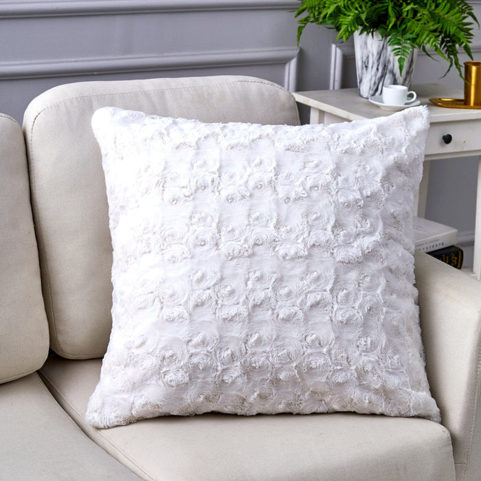 DaDa Bedding Luxury White Roses Swirls Faux Fur Euro Cushion Throw Pillow Cover (K11)