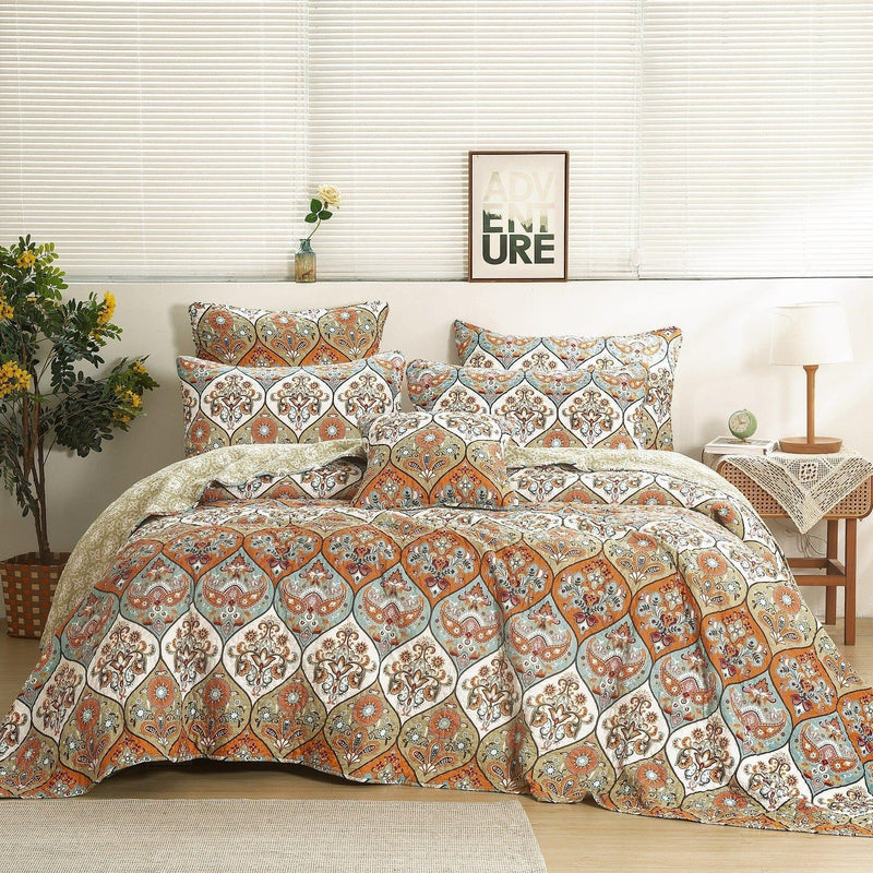 DaDa Bedding Bohemian Floral Paisley Garden Coral Teal Quilted Bedspread Set (LH1403) - DaDa Bedding Collection