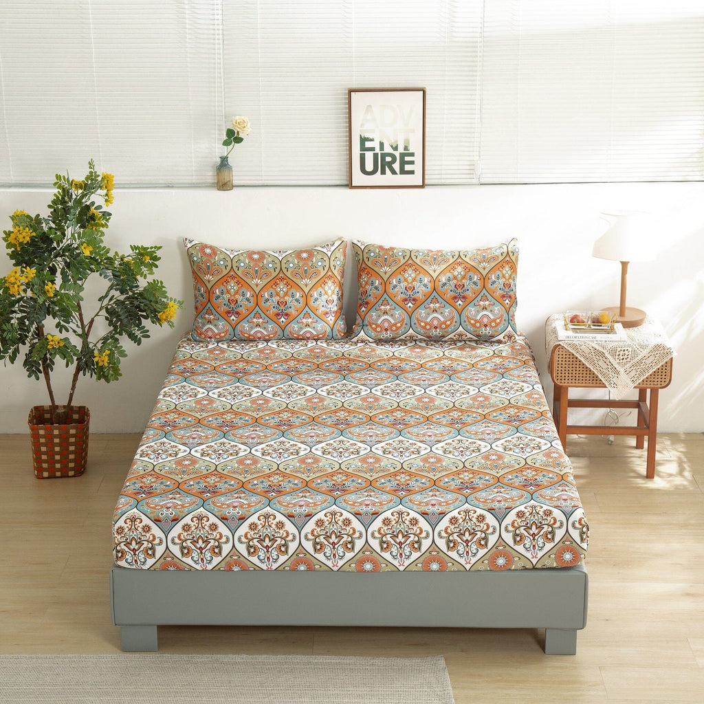 DaDa Bedding Bohemian Fitted Sheet w/Pillow Cases - Coral Teal Floral Paisley Botanical Garden Party - Bright Vibrant Multi-Colorful Blue Salmon Pink - DaDa Bedding Collection