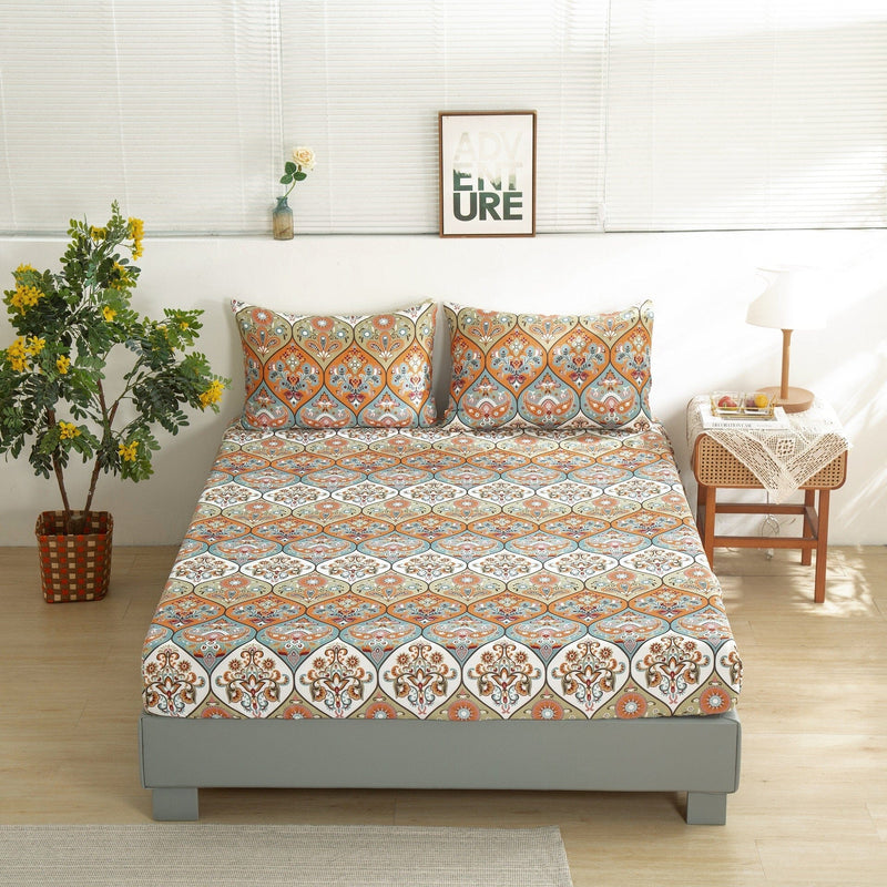 DaDa Bedding Bohemian Fitted Sheet w/Pillow Cases - Coral Teal Floral Paisley Botanical Garden Party - Bright Vibrant Multi-Colorful Blue Salmon Pink - DaDa Bedding Collection