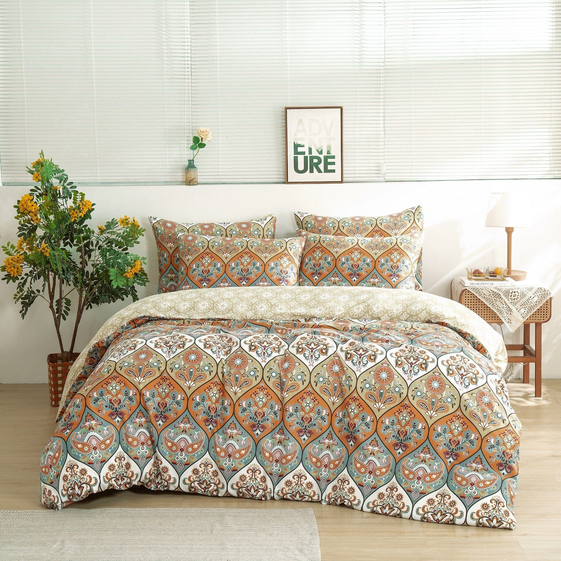 DaDalogy Bedding Bohemian Duvet Cover w/Pillow Cases - Reversible Coral Teal Floral Paisley Botanical Garden Party - Bright Vibrant Multi-Colorful Blue Salmon Pink - DaDa Bedding Collection