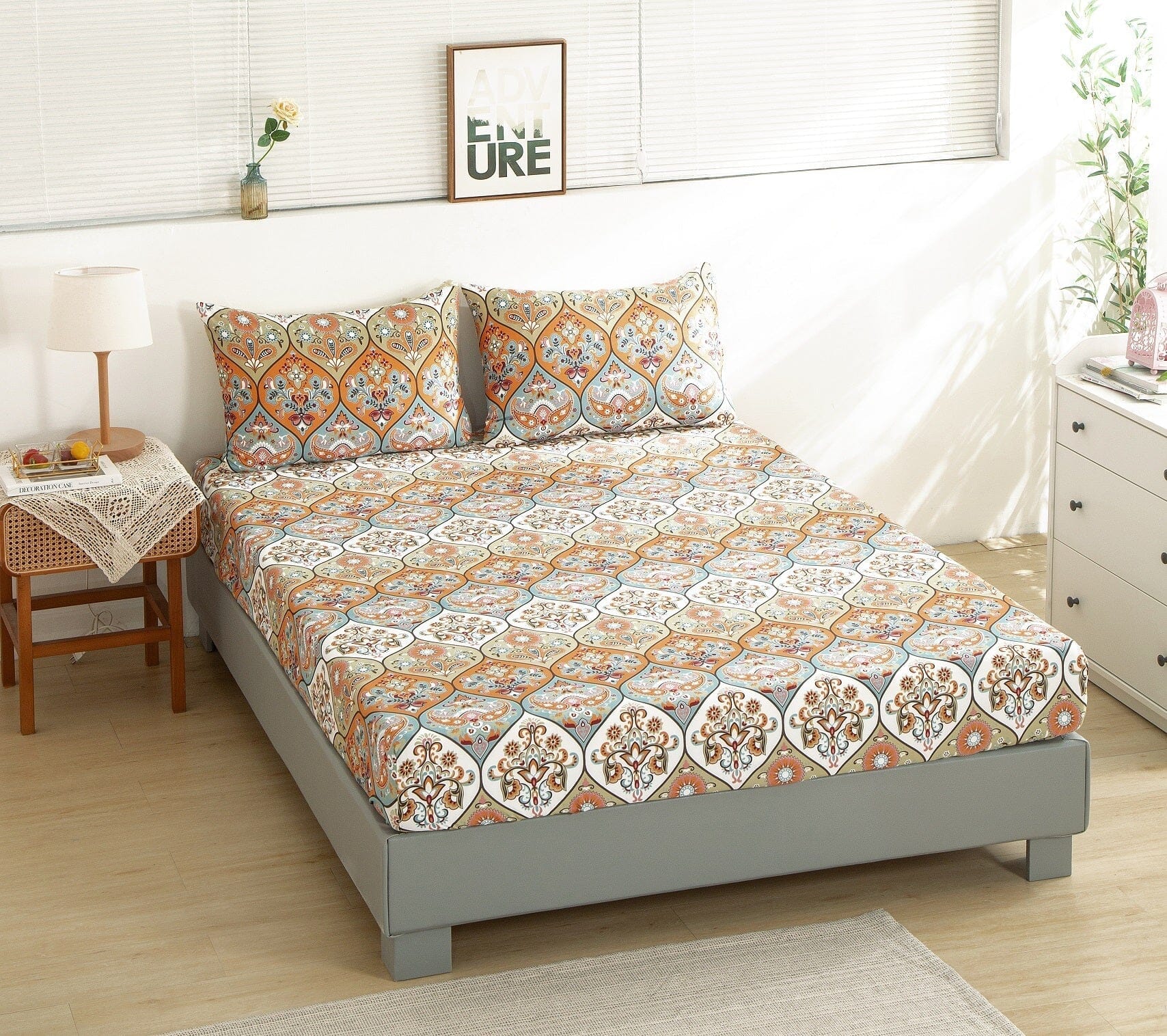 DaDa Bedding Bohemian Fitted Sheet w/Pillow Cases - Coral Teal Floral Paisley Botanical Garden Party - Bright Vibrant Multi-Colorful Blue Salmon Pink - DaDa Bedding Collection