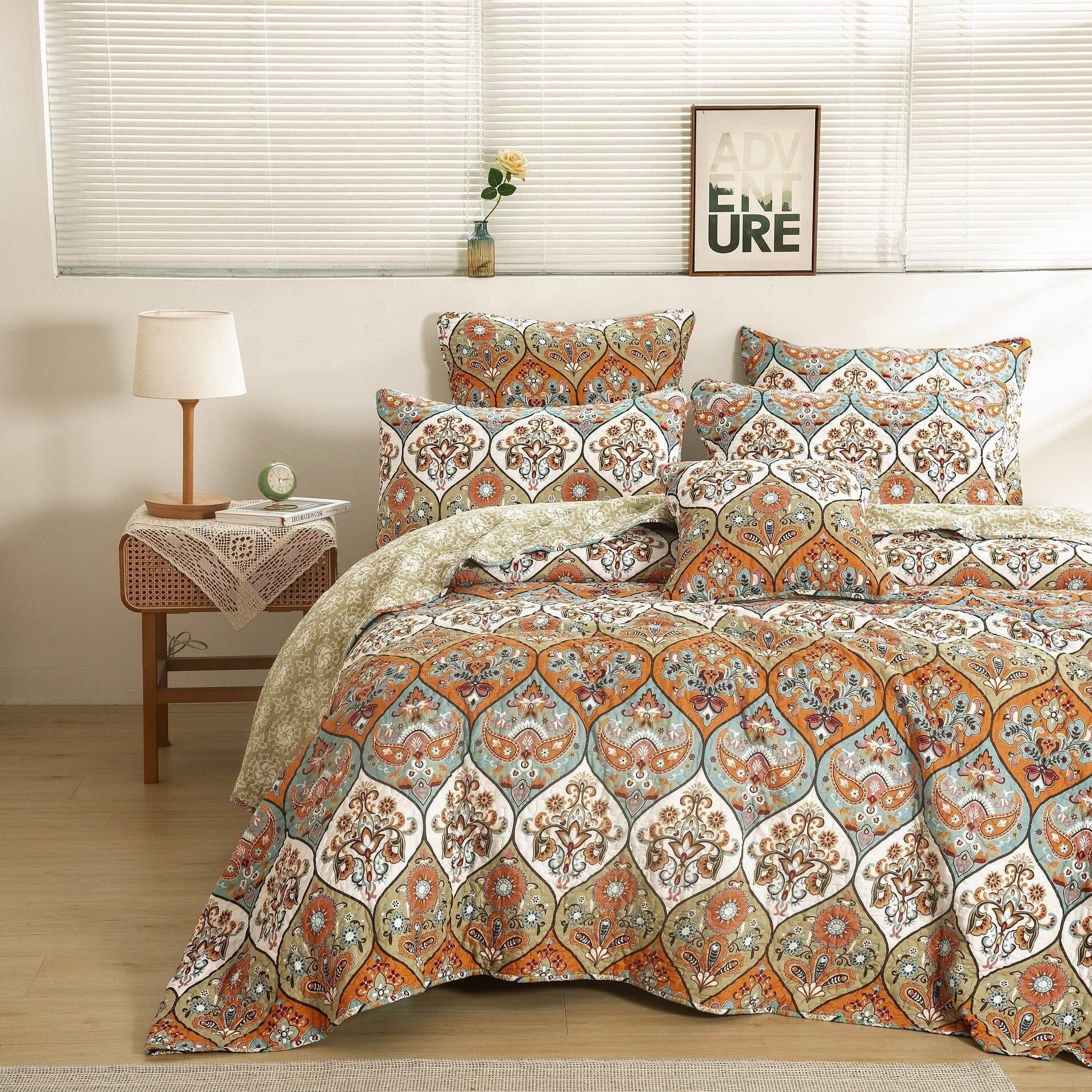 DaDa Bedding Bohemian Floral Paisley Garden Coral Teal Quilted Bedspread Set (LH1403) - DaDa Bedding Collection