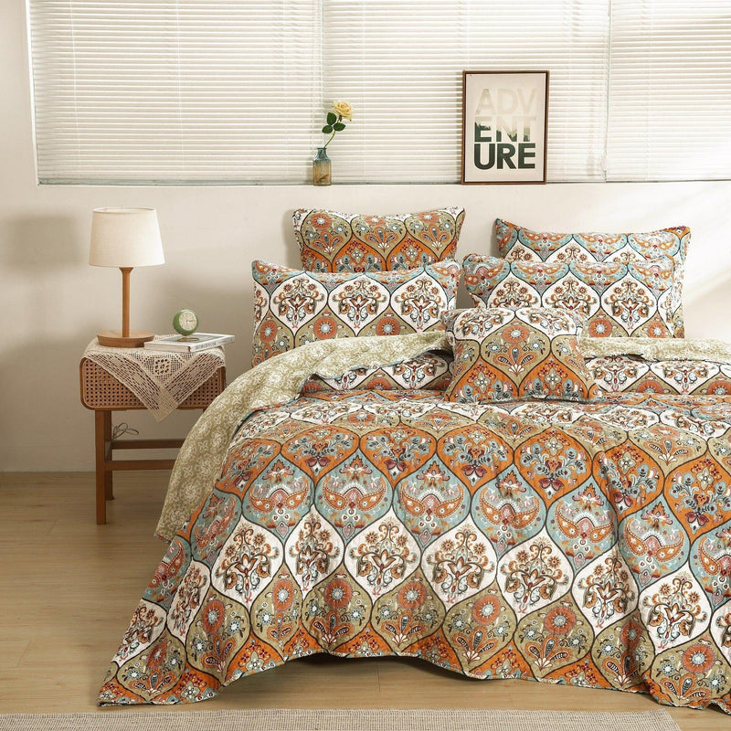 DaDa Bedding Bohemian Floral Paisley Garden Coral Teal Quilted Bedspread Set (LH1403) - DaDa Bedding Collection