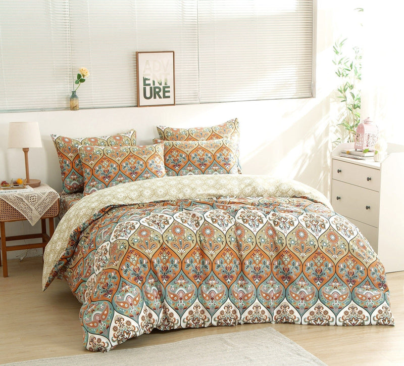 DaDalogy Bedding Bohemian Duvet Cover w/Pillow Cases - Reversible Coral Teal Floral Paisley Botanical Garden Party - Bright Vibrant Multi-Colorful Blue Salmon Pink - DaDa Bedding Collection