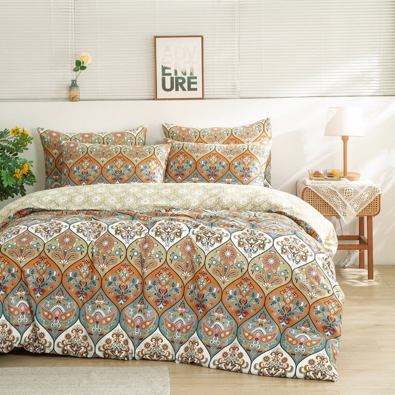 DaDalogy Bedding Bohemian Duvet Cover w/Pillow Cases - Reversible Coral Teal Floral Paisley Botanical Garden Party - Bright Vibrant Multi-Colorful Blue Salmon Pink - DaDa Bedding Collection