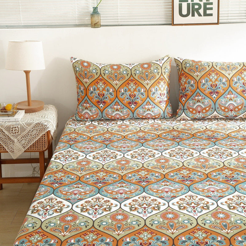 DaDa Bedding Bohemian Fitted Sheet w/Pillow Cases - Coral Teal Floral Paisley Botanical Garden Party - Bright Vibrant Multi-Colorful Blue Salmon Pink - DaDa Bedding Collection
