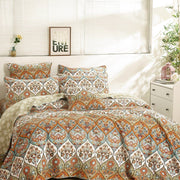 DaDa Bedding Bohemian Floral Paisley Garden Coral Teal Quilted Bedspread Set (LH1403) - DaDa Bedding Collection