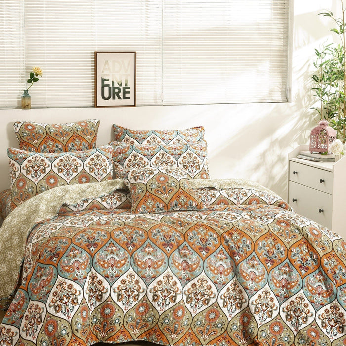 DaDa Bedding Bohemian Floral Paisley Garden Coral Teal Quilted Bedspread Set (LH1403)