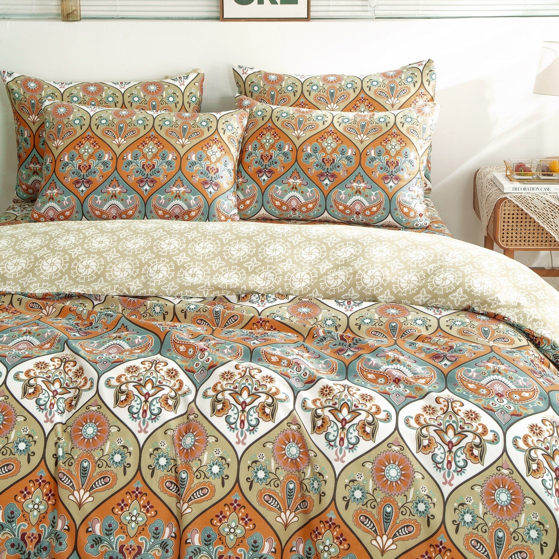 DaDalogy Bedding Bohemian Duvet Cover w/Pillow Cases - Reversible Coral Teal Floral Paisley Botanical Garden Party - Bright Vibrant Multi-Colorful Blue Salmon Pink - DaDa Bedding Collection
